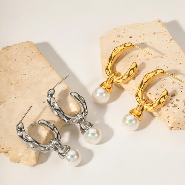 18KG lave series water pearl drop stainless steel earrings