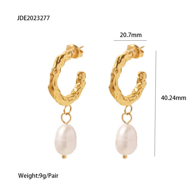 18KG water pearl drop stainless steel open hoop earrings