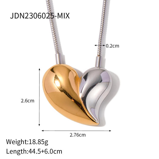 Chunky heart two tone stainless steel earrings necklace set