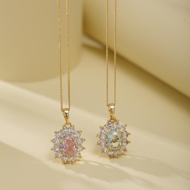 Delicate cubic zircon flower pendant gold plated copper necklace set