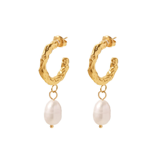 18KG water pearl drop stainless steel open hoop earrings