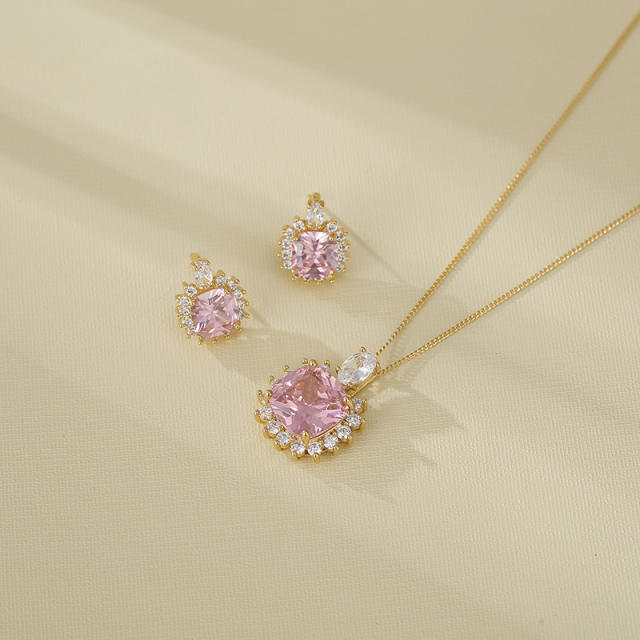 Chic colorful cubic zircon pendant diamond gold plated copper necklace set