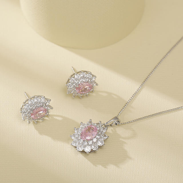 Delicate cubic zircon flower pendant gold plated copper necklace set