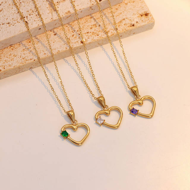 Chic color cubic zircon hollow out heart pendant stainless steel necklace