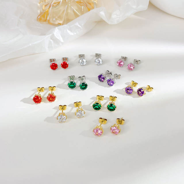 Chic colorful cubic zircond diamond stainless steel studs earrings