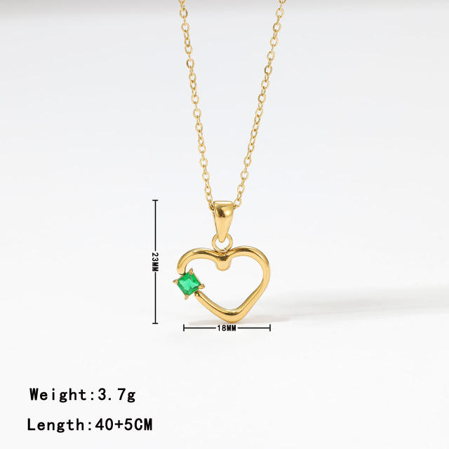 Chic color cubic zircon hollow out heart pendant stainless steel necklace