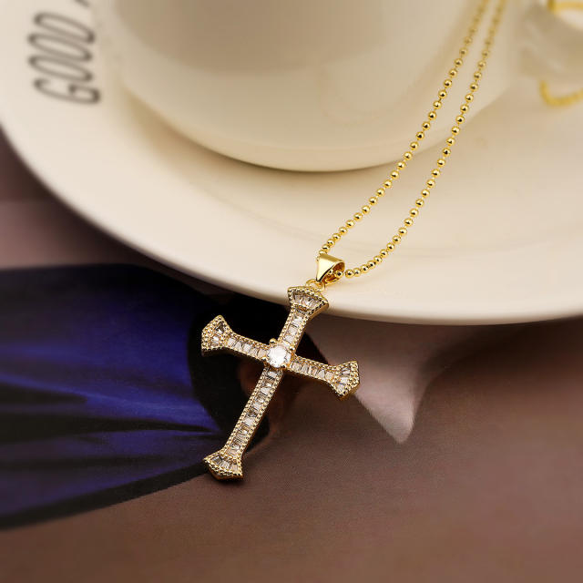 Hiphop diamond cross pendant gold plated copper necklace
