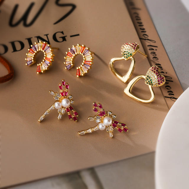 18K real gold plated color cubic zircon animal dragonfly heart earrings