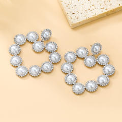 Super shiny pearl rhinestone hollow out heart dangle earrings wedding