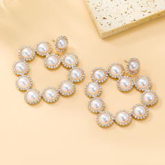 Super shiny pearl rhinestone hollow out heart dangle earrings wedding