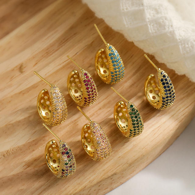 Delicate colorful cubic zircon setting open hoop copper earrings