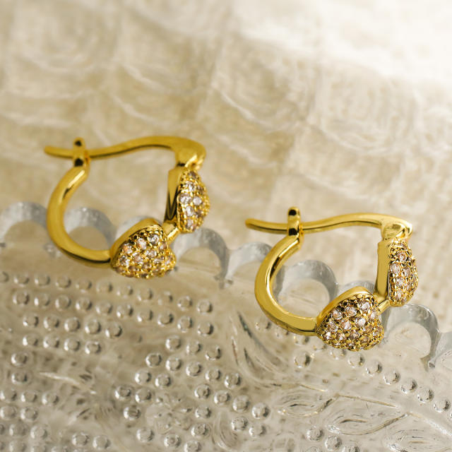 Real gold plated copper diamond heart small hoop earrings for women
