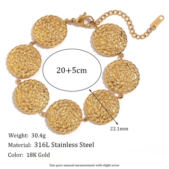 18KG personality Hammer pattern round piece stainless steel earrings bracelet set