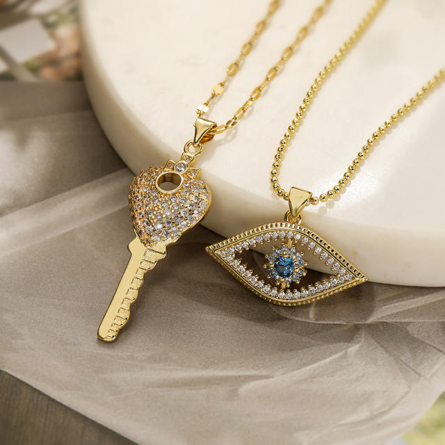 18KG diamond key evil eye pendant copper necklace