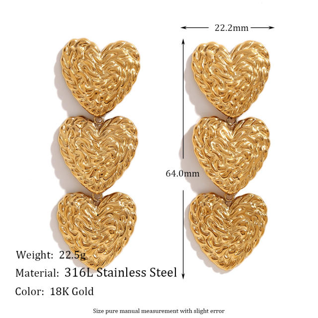 18KG Hammer pattern peach heart stainless steel bracelet earrings set