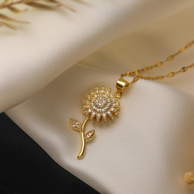 Delicate real gold plated sunflower pendant copper necklace