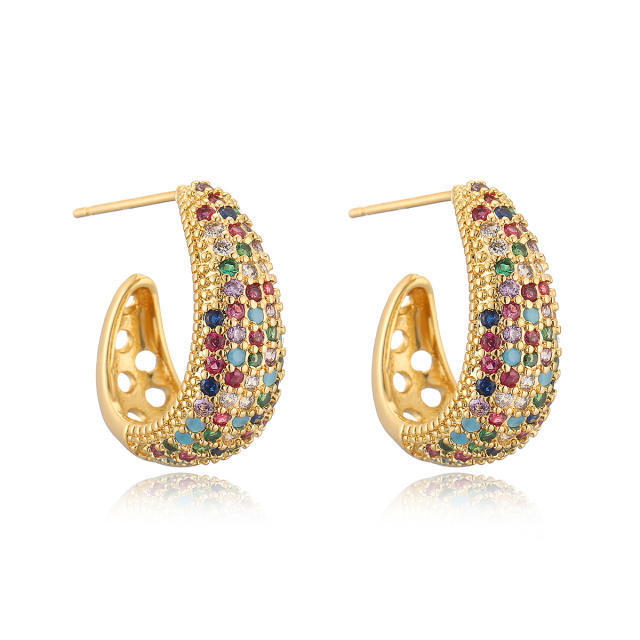Delicate colorful cubic zircon setting open hoop copper earrings