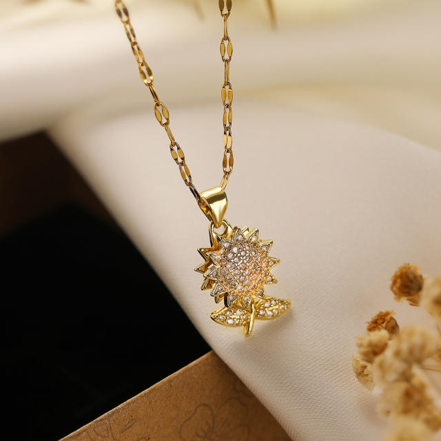 Delicate real gold plated sunflower pendant copper necklace
