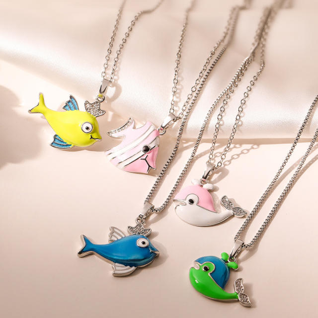 Cute color enamel ocean series dolphin pendant real gold plated copper necklace