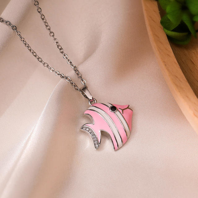 Cute color enamel ocean series dolphin pendant real gold plated copper necklace