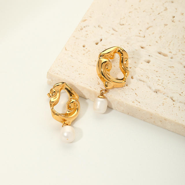 18KG lave series water pearl drop stainless steel earrings