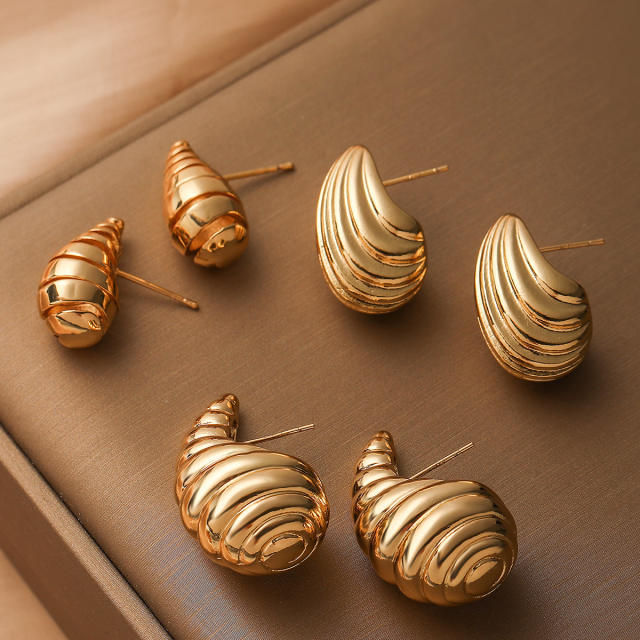 Unique hot sale sprial water drop gold plated copper studs earrings