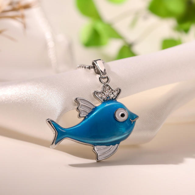 Cute color enamel ocean series dolphin pendant real gold plated copper necklace