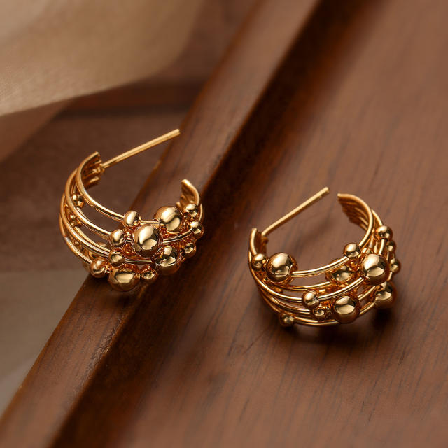 Popular ball bead real gold plated copper open hoop earrings