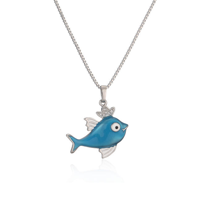 Cute color enamel ocean series dolphin pendant real gold plated copper necklace