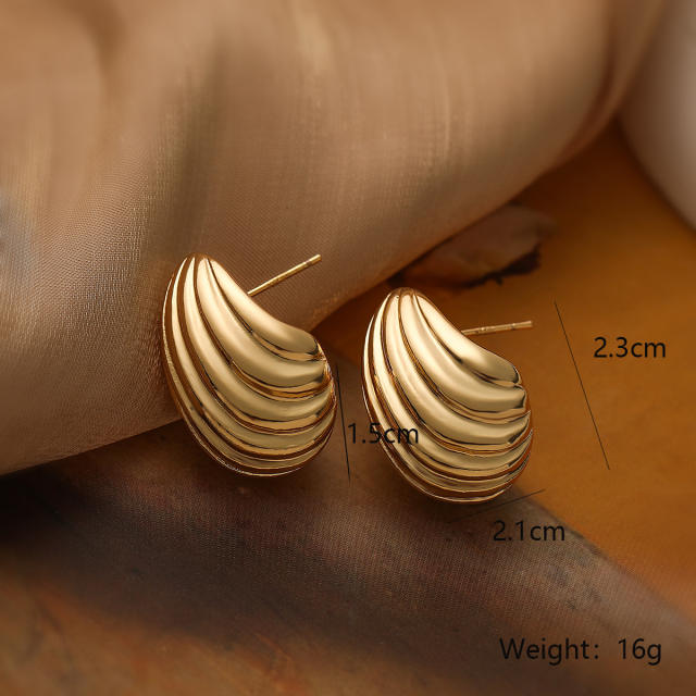 Unique hot sale sprial water drop gold plated copper studs earrings
