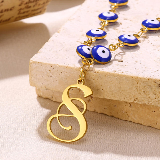 Blue color evil eye bead monogram letter initial letter stainless steel necklace