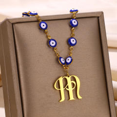 Blue color evil eye bead monogram letter initial letter stainless steel necklace