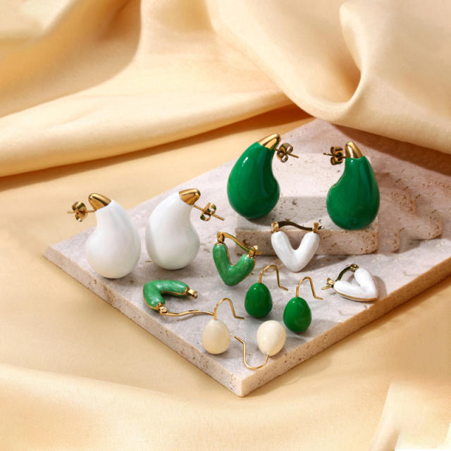 Fresh green white color enamel drop stainless steel earrings collection