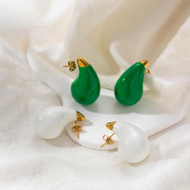 Fresh green white color enamel drop stainless steel earrings collection