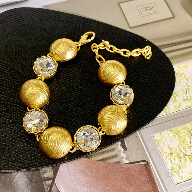 Vintage chunky ball bead gold plated rhinestone necklace bracelet earrings set
