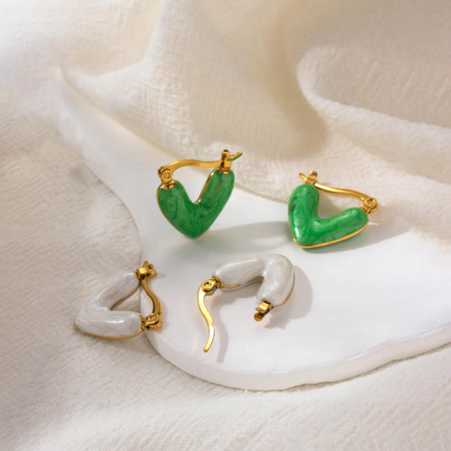 Fresh green white color enamel drop stainless steel earrings collection