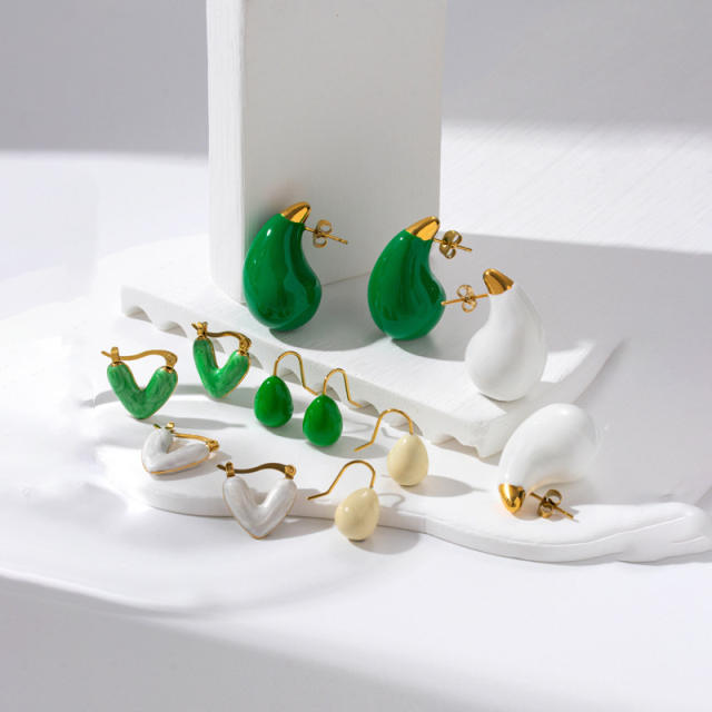 Fresh green white color enamel drop stainless steel earrings collection