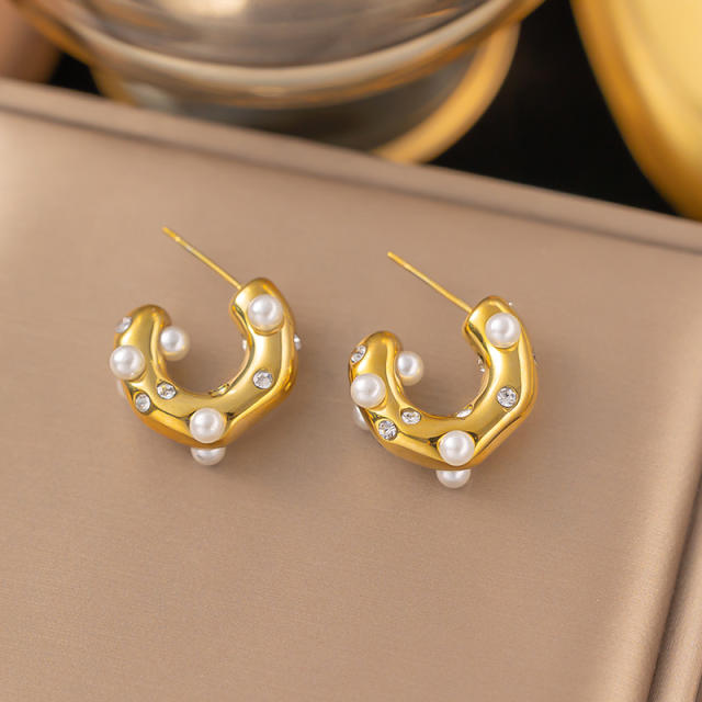 Popular pearl rhinestone setting geometric open hoop stainless steel earrings