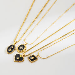 Vintage black enamel star moon sun pendant stainless steel necklace