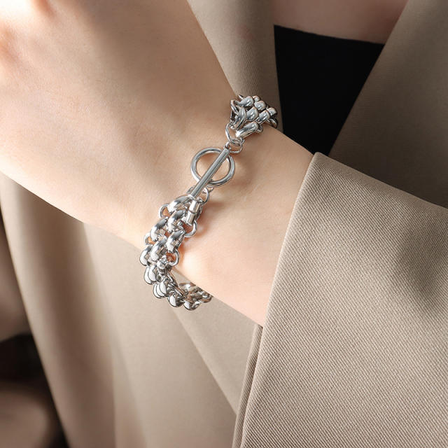 Chunky super cool braid pattern stainless steel chain toggle bracelet necklace set