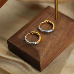 Two tone Hammer pattern small hoop stainless steel earrings
