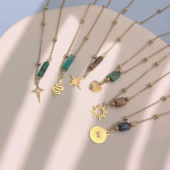 Dainty natural stone bar necklace with stainless steel flash sun snake stainless steel neckace
