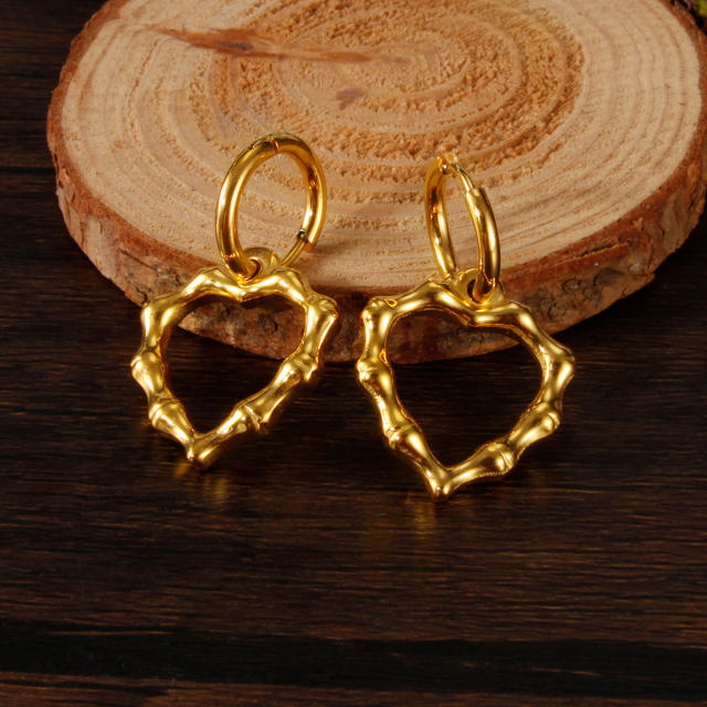 Concise easy match bamboo heart stainless steel earrings