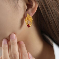 18KG beach trend conch shape red cubic zircon stainless steel earrings