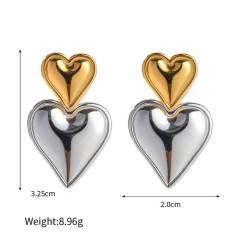 Concise classic heart two tone stainless steel earrings