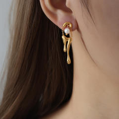 18KG lava pattern pearl bead stainless steel dangle earrings
