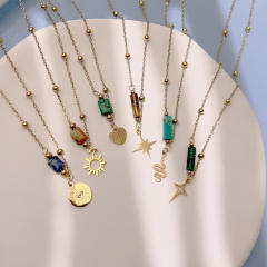 Dainty natural stone bar necklace with stainless steel flash sun snake stainless steel neckace