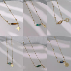 Dainty natural stone bar necklace with stainless steel flash sun snake stainless steel neckace