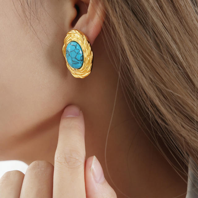 18KG oval shape tuorquise bead stainless steel earrings