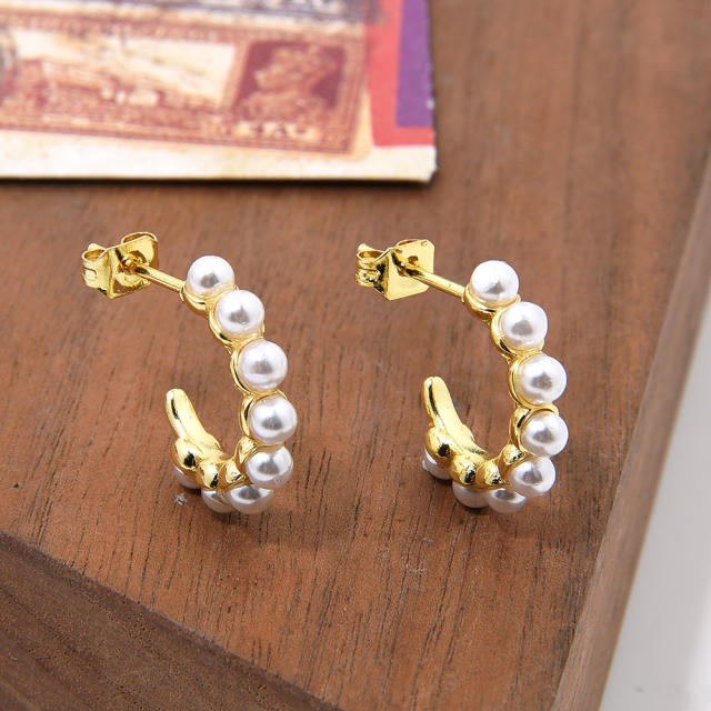 Korean fashion imitation pearl bead gold plated copper hoop earrings